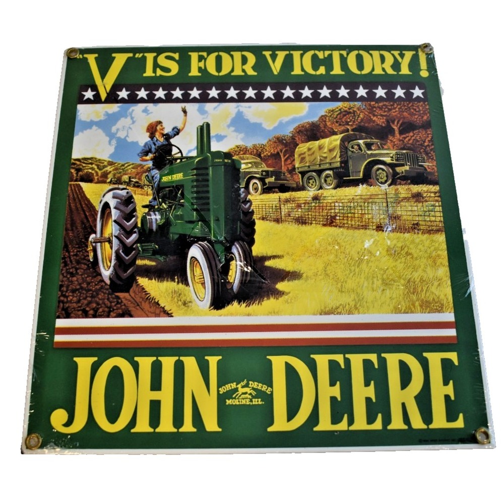 Vtg Ande Rooney Porcelain Sign John Deere "V" is for Victory 9 1/2" x 10" New